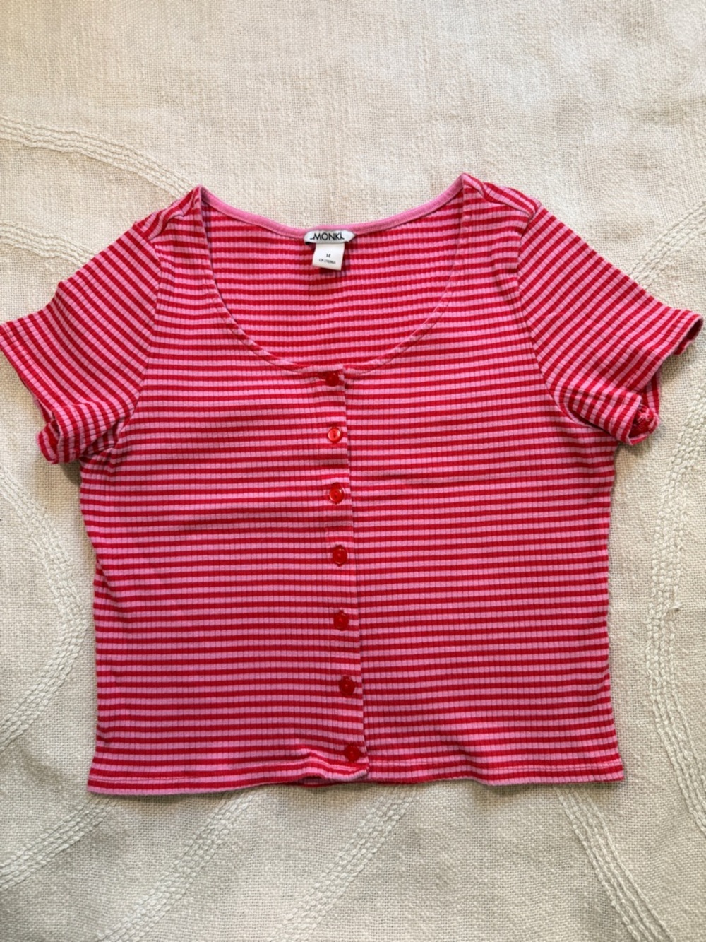 Monki Red & Pink Striped Ribbed Button Crop Top